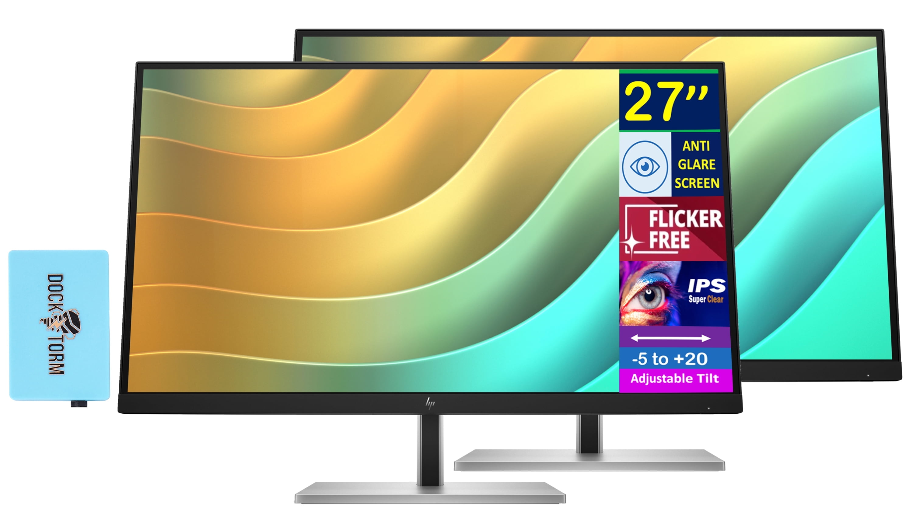 HP 27" E27u G5 QHD 2K Monitor w/Anti-Glare, Flicker Free, Height/Tilt/Swivel/Pivot adjustments, HDMI, DP, & Dockztorm USB Port Expander, Ideal for Home & Business, Black/Silver (6N4D3AA#ABA) 2-Pack