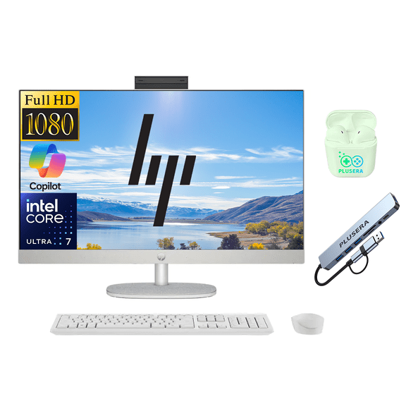 HP 27" FHD All-in-One Desktop Computer, Intel 12-Core Ultra 7 155U Processor, 32GB RAM 1.5TB Storage (1TB SSD+512GB External), Wireless Keyboard & Mouse, Windows 11, PLUSERA Earphones, White