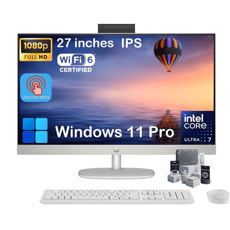 HP 27" FHD All-in-One Touchscreen Desktop - Intel 12-Core Ultra 7 155U CPU • Adjustable Angle • WiFi 6 • 1080p Camera • Win11 Pro & External DVD Drive (16GB DDR5 RAM | 1TB SSD)
