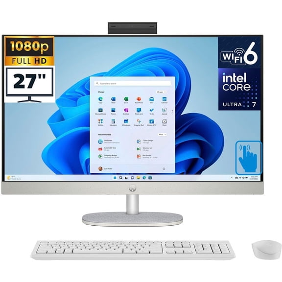HP 27 FHD IPS AIO PC (Intel 12-Core Ultra 7 255U CPU, 16GB DDR5 RAM, 512GB NVMe SSD, Windows 11 Pro, HDMI, WiFi 6 + BT 5.4, FHD Webcam, Wireless KB+Mouse) - All in One TouchScreen Business Desktop