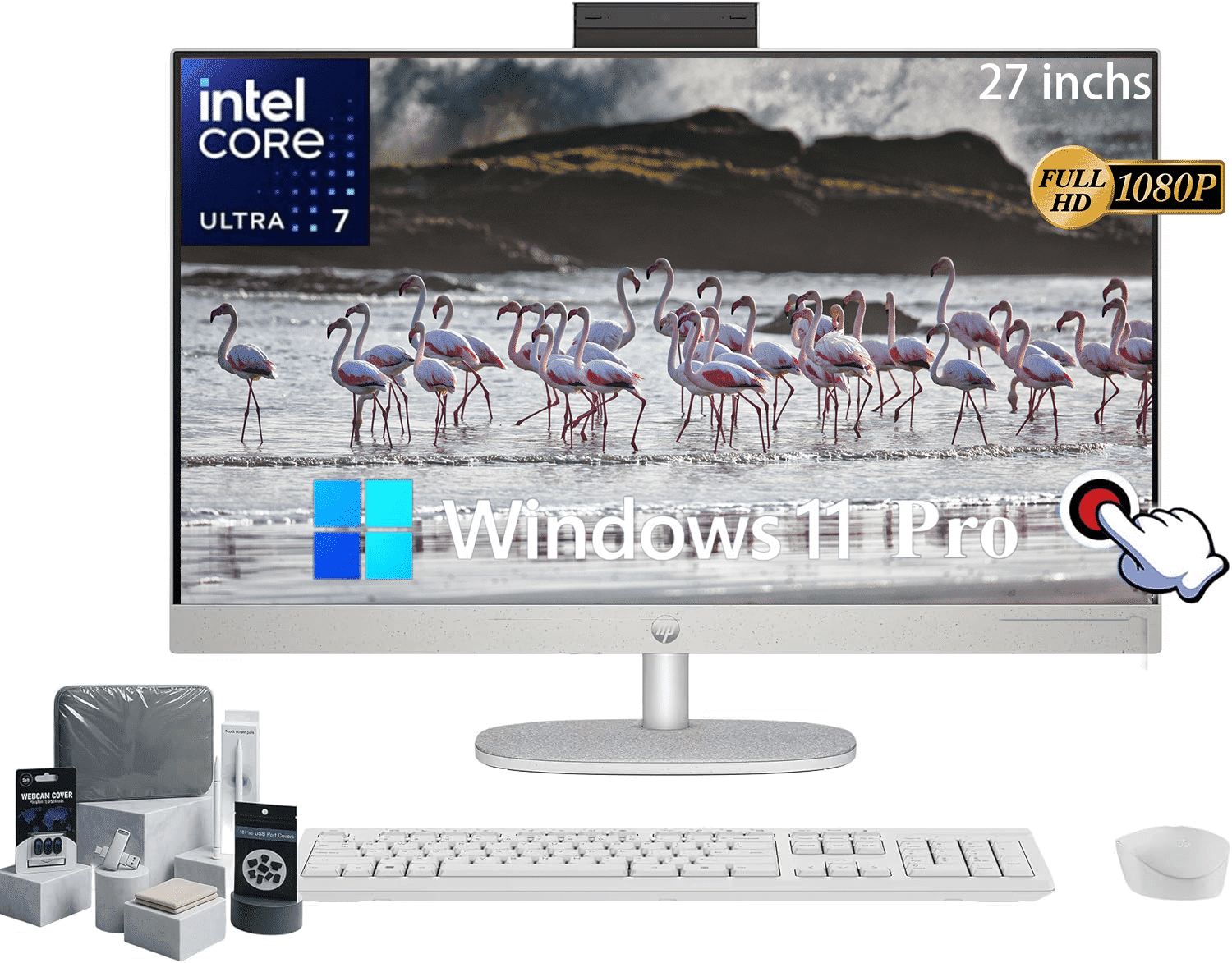 HP 27" FHD IPS TouchScreen All-in-One Desktop Computer, Intel 12 Core Ultra 7 155U, 16GB DDR5 RAM|1TB SSD, Adjustable Angle, Wireless KB & Mouse, 1080p Camera, Win 11 Pro