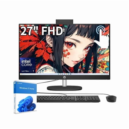 HP 27" FHD Touchscreen All-In-One Windows Desktop, Intel Ultra 7 155U, 16GB RAM, 512GB SSD,Jet Black