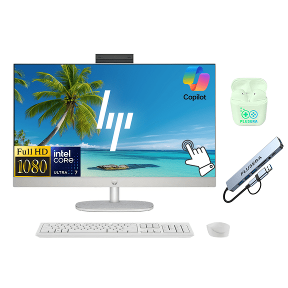 HP 27" FHD Touchscreen All-in-One Desktop Computer, Intel 12-Core Ultra 7 Processor, 16GB RAM 1TB Storage (512GB SSD+512GB External), Wireless Keyboard & Mouse, Windows 11, PLUSERA Earphones, White