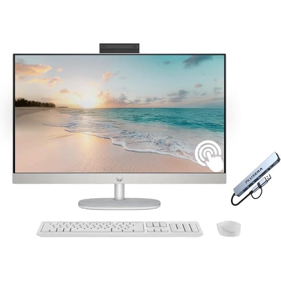 HP 27" FHD Touchscreen All-in-One Desktop Computer, Quad-Cores Ryzen 5 7520U, 16GB RAM 1TB SSD, Windows 11, Wireless Keyboard & Mouse, PLUSERA 8-in-1 Hub Included, White