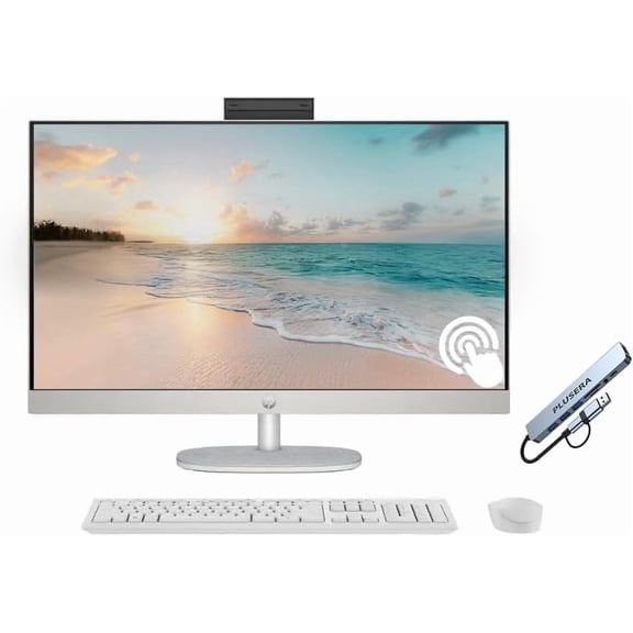 HP 27" FHD Touchscreen All-in-One Desktop Computer, Quad-Cores Ryzen 5 7520U, 16GB RAM 1TB SSD, Windows 11, Wireless Keyboard & Mouse, PLUSERA 8-in-1 Hub Included, White