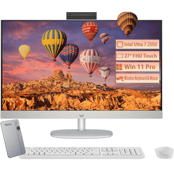 HP 27" FHD Touchscreen All-in-One Desktop, Intel 12 Core Ultra 7 255U, 64GB RAM 2TB SSD, Wireless Keyboard & Mouse, Bluetooth, HDMI, Wi-Fi 6, Windows 11 Pro, White