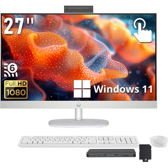 HP 27" FHD Touchscreen All-in-One Desktop, Intel Core Ultra 7 255U, 32GB DDR5, 2TB Storage(1TB SSD+1TB Docking Station Set), Intel Graphics, Wireless Keyboard & Mouse, Win 11, White