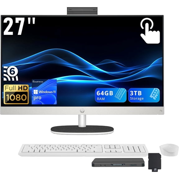 HP 27" FHD Touchscreen All-in-One Desktop, Ryzen AI 7 350, 64GB DDR5, 3TB Storage (2TB SSD+1TB Docking Station), AMD Radeon 680M, Wi-Fi 6, Webcam, Wireless Keyboard & Mouse, Win 11 Pro, White