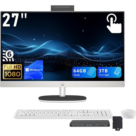 HP 27" FHD Touchscreen All-in-One Desktop, Ryzen AI 7 350, 64GB DDR5, 3TB Storage (2TB SSD+1TB Docking Station), AMD Radeon 680M, Wi-Fi 6, Webcam, Wireless Keyboard & Mouse, Win 11 Home, White