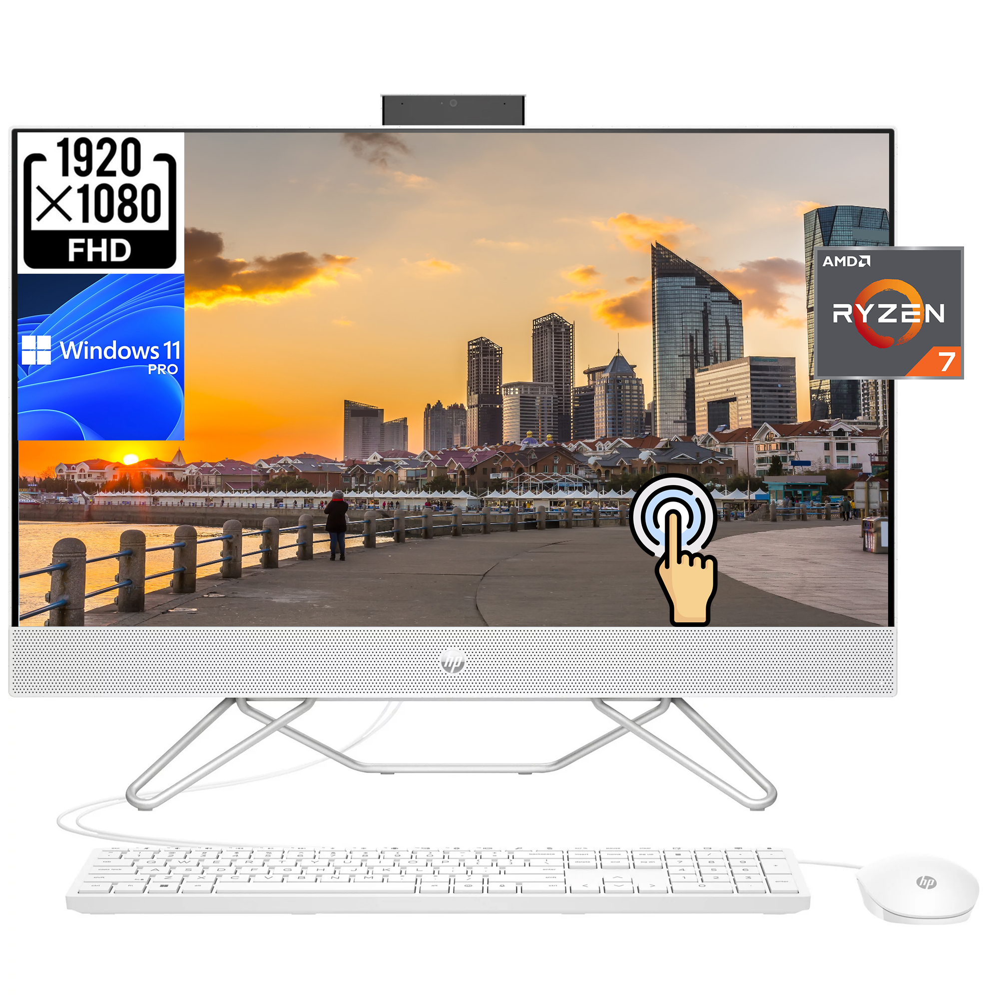 HP 27" FHD Touchscreen All-in-One [Windows 11 Pro] Business Desktop Computer PC, 8-Core AMD Ryzen 7 5700U(up to 4.3 GHz), 12GB RAM, 1TB PCIe SSD, Wi-Fi, Bluetooth, Wired Keyboard & Mouse - image 1 of 6