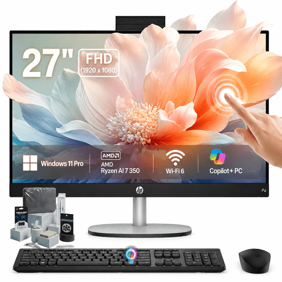 HP 27" Touchscreen All-in-One PC, AMD Ryzen AI 7 350 Processor, 16GB DDR5 RAM, 1TB SSD, 27-inch FHD IPS Touch Display, Wi-Fi 6, Windows 11 Pro