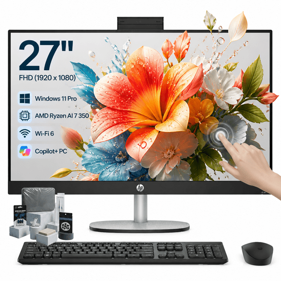 HP 27-inch All-in-One Desktop Computer, 27" FHD IPS Touchscreen, AMD Ryzen AI 7 350, 16GB DDR5, 1TB SSD, Wi-Fi 6, Windows 11 Pro