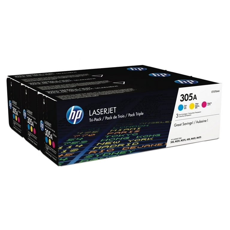 HP 305A, (CF370A-M) 3-Pack Cyan/Magenta/Yellow Original LaserJet Toner Cartridges HP 305A, (CF370A-M) 3-Pack Cyan/Magenta/Yellow Original LaserJet Toner Cartridges