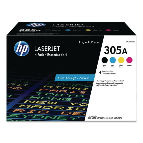 HP 305A (CE305AQ1) Toner Cartridge for Laser Printers, 4 Pack, Black/Cyan/Magenta/Yellow