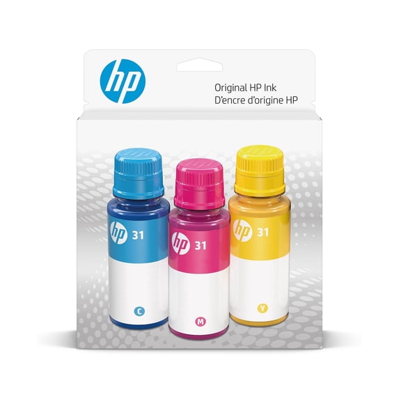 HP 31 Ink Bottle Combo Cyan Magenta Yellow (3-Pack), 8000 Pages, (9C228AN) (Sold Without Manufacturer Warranty)