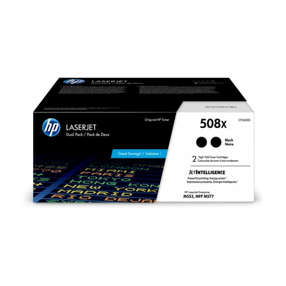 HP 508X Black Extra-High Yield Toner Cartridges, Pack Of 2, CF360X