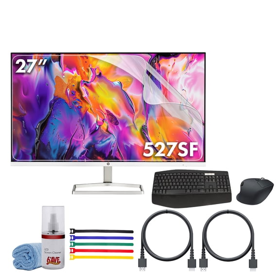 HP 527SF 27" 16:9 FHD 1080p IPS Slim Monitor Bundle Including: Logitech MK850 Wireless Keyboard and Mouse Combo, 3x HDMI Cable, Surge Protector, Cable Ties, Screen Cleaning Kit, Screen Protector