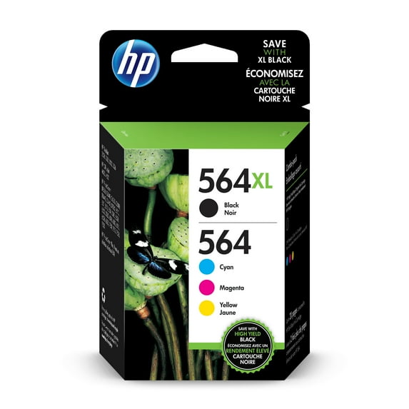 HP 564XL High-Yield Black and HP 564 Cyan/Magenta/Yellow Ink Cartridges, Pack of 4