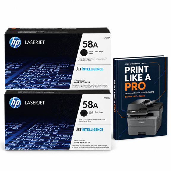 HP 58A Black Toner Cartridge 2-Pack - Sold Without Manufacturer Warranty + Bundle with AWG Printer eBook for LaserJet Pro M404n, M404dn