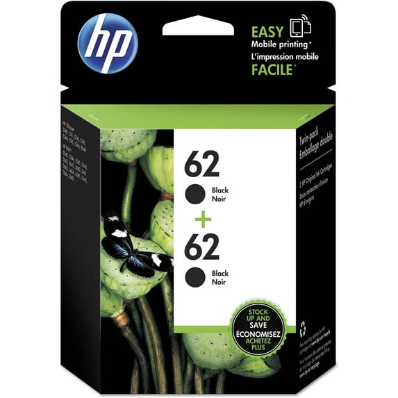 HP 62 | 2 Ink Cartridges | Black | Works with HP ENVY 5500 Series, 5600 Series, 7600 Series, HP OfficeJet 200, 250, 258, 5700 Series, 8040 | T0A52AN