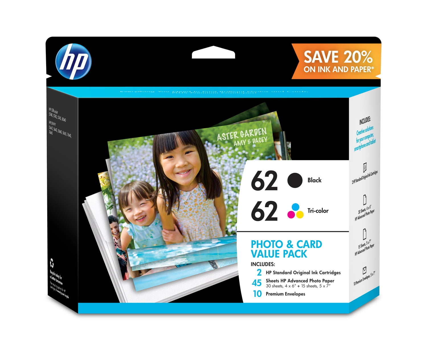 HP 62 Photo and Card Value Pack-30 sheet/4 x 6 in, 15 sheet/5 x 7 in