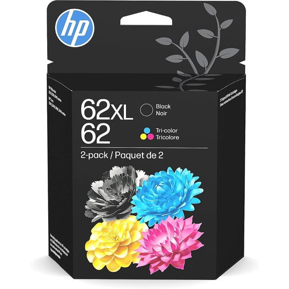 HP 62XL Black High Yield + 62 Tri-Color ink cartridges (Sold without manufacturer warranty)