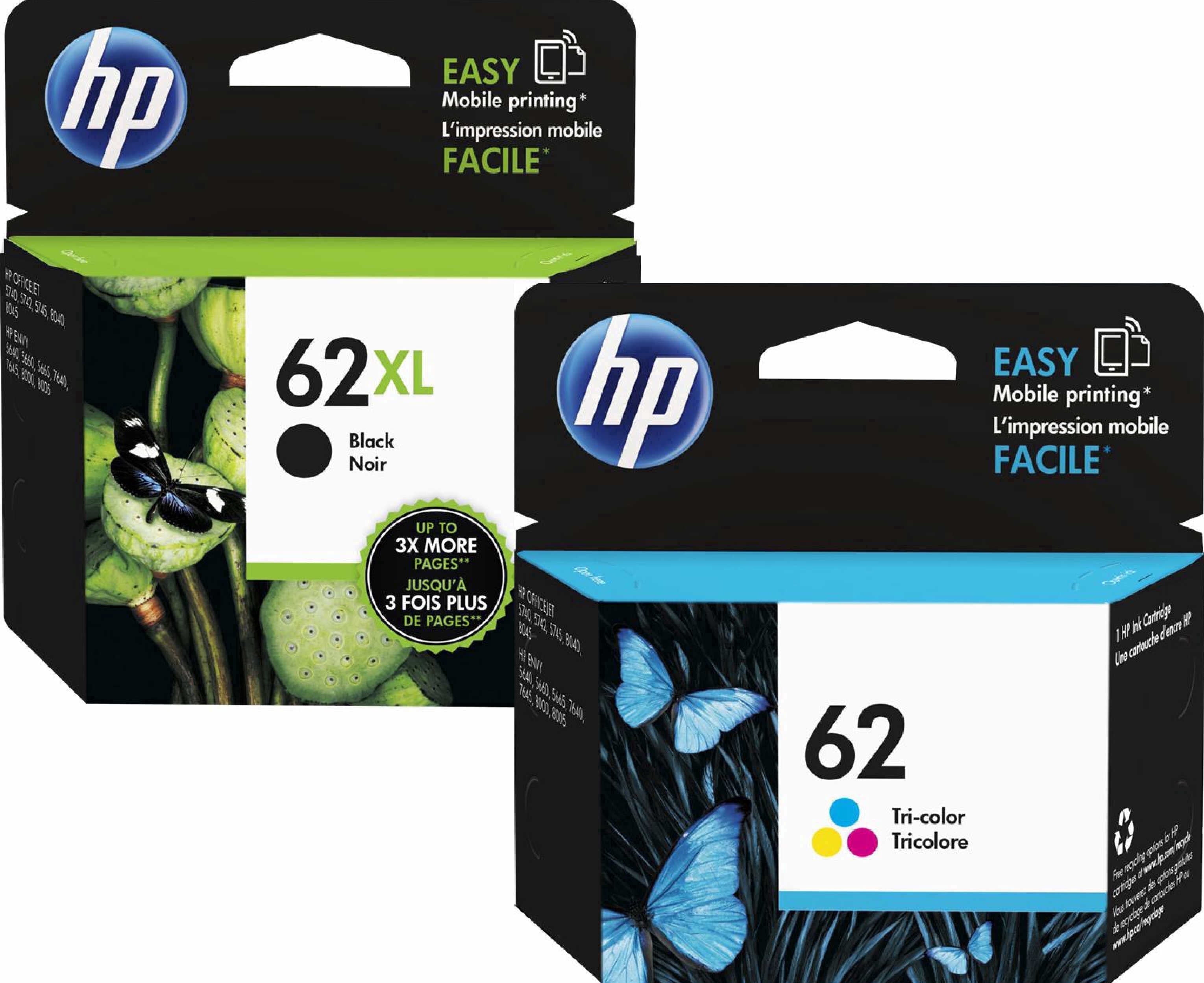 HP 62XL Black and 62 Tri-Color Original Ink Cartridges N9H67FN 2-Pack (Sold Without Manufacturer Warranty)