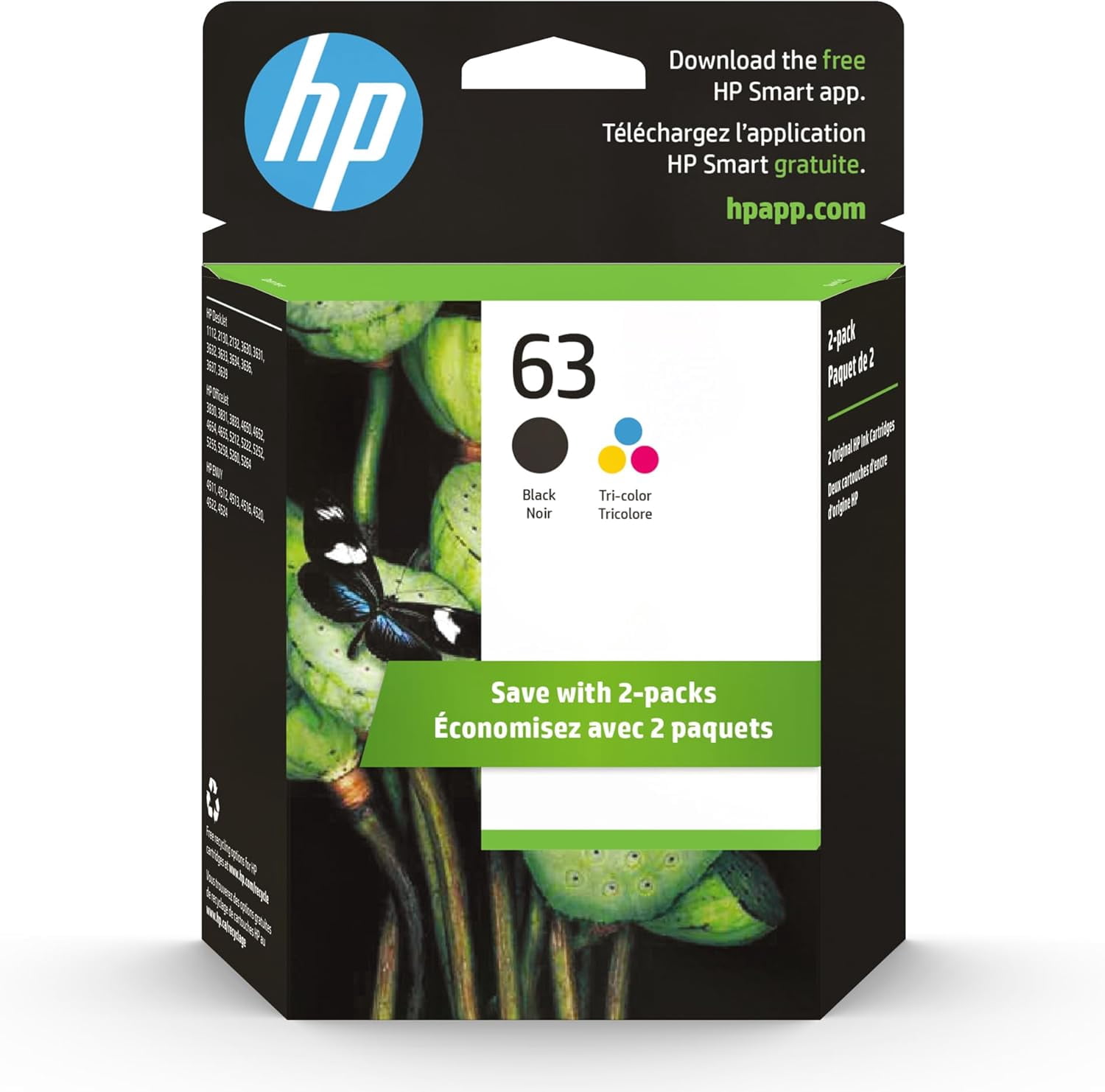 HP 63 Black, Tri-Color Ink Cartridge Printers (2-Pack), L0R46AN F6U61AN  F6U62AN Works with DeskJet 1112, 2130, 3630 Series; Envy 4510, 4520 (Sold Without Manufacturer Warranty)