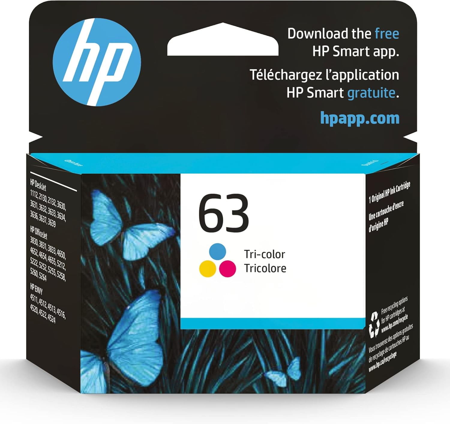 HP 63 Tri-Color Ink Cartridge F6U61AN Works with Printer Series: DeskJet 1112, 2130, 3630; Envy 4510, 4520; OfficeJet 3830, 4650, 5200 (Sold Without Manufacturer Warranty)