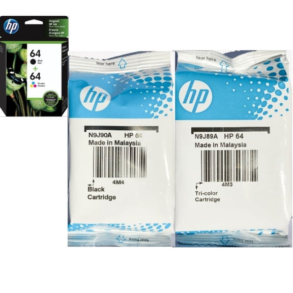 HP 64 N9J90AN Tri-Color Ink Cartridge Retail Packaging, for HP ENVY Printers, Black, 2 Count