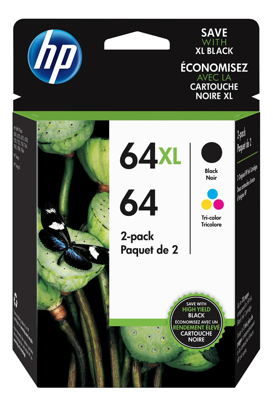 HP 64XL/64 Black High Yield and Tri-Color Standard Yield Ink Cartridges, 2/Pack (Sold without manufacturer warranty)