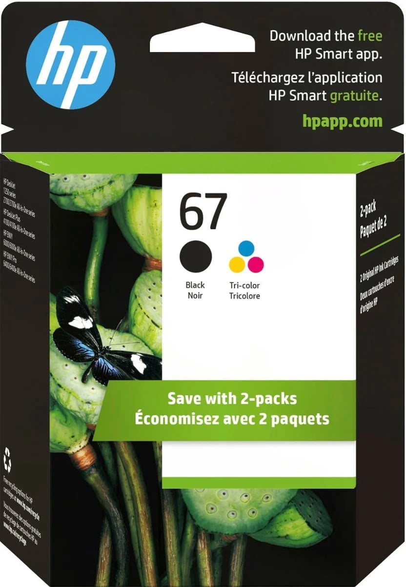 HP 67 Black/Tri-Color Ink Cartridges 3YP29AN (2-Pack) Works with DeskJet 1255, 2700, 4100, Envy 6000, 6400 (Sold Without Manufacturer Warranty)