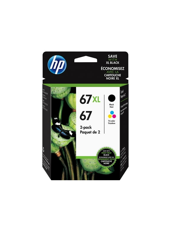 HP 67 Tri-Color Ink Cartridges High/Standard Yield 2 Per Pack, 67XL Black, Cyan, Magenta, Yellow