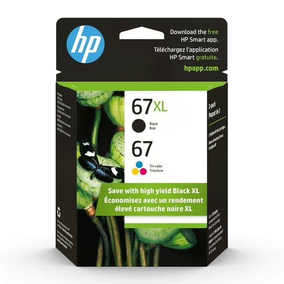HP 67 Tri-Color Ink Cartridges High/Standard Yield 2 Per Pack, 67XL Black, Cyan, Magenta, Yellow