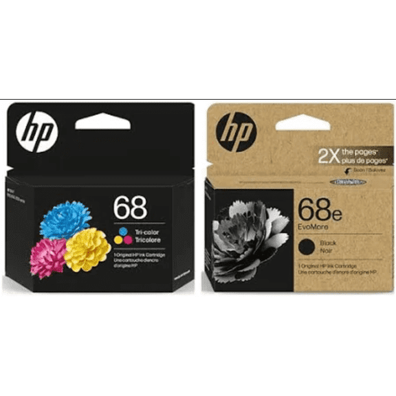 HP 68e Black EvoMore Ink Cartridge, 320 Pages, and Regular 68 Tri-Color Ink Cartridge, 120 Pages