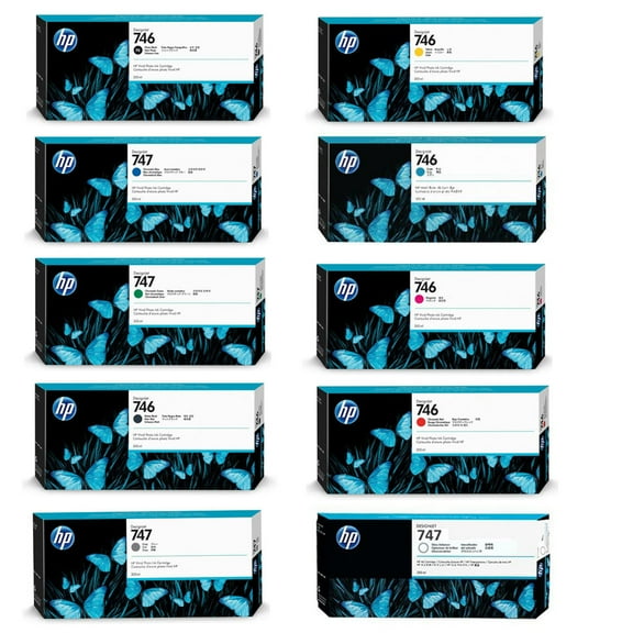 HP 746 300ml DesignJet Ink Cartridge Bundle Includes 10 Ink Cartridges / Magenta / Yellow / Cyan / Chromatic Red / Photo Black / Matte Black / Chromatic Green / Chromatic Blue / Gray /Gloss Enhancer