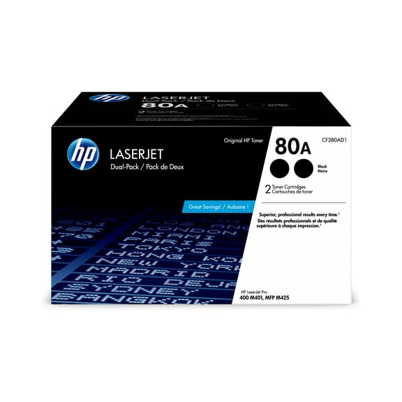HP 80A 2-pack Black Original LaserJet Toner Cartridges, ~2,560 pages, CF280AD1
