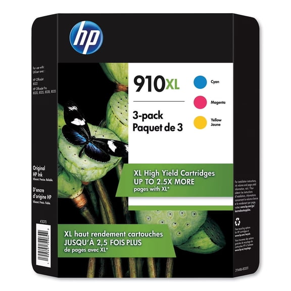 HP 910XL Cyan Magenta Yellow Original Ink Cartridges 3YM86BN 3-Pack for OfficeJet Pro 8035e (Sold Without Manufacturer Warranty)