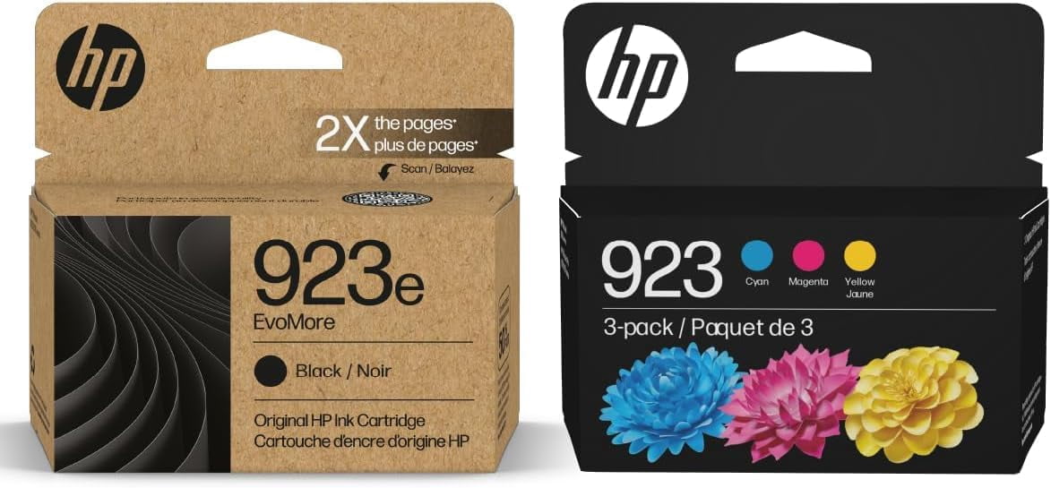 HP 923e EvoMore Black/ 923 Tri-Color Ink Cartridges (2-Pack) Works with Printer Series OfficeJet 8120, OfficeJet Pro 8130 Carbon Neutral C84QYLN (Sold without manufacturer warranty)