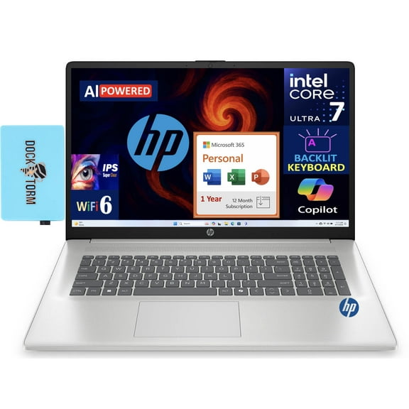 HP AI AI Powered Laptop 17.3in IPS FHD Display (Intel Ultra 7-255U, 16GB DDR5, 4TB PCIe SSD, Intel Graphics, Backlit KB, WiFi 6, Win 11 Home S-Mode) w/Microsoft 365 Personal , DKZ USB Port Expander