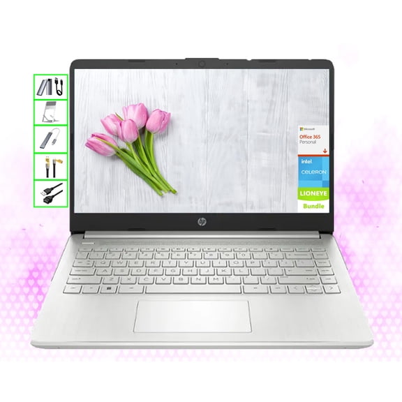 HP AI-Powered Laptop with Microsoft Office and 1TB Cloud Storage Included for 1-Year| 14" HD PC| 16GB RAM| 128GB SSD & 512GB Card & 128GB Portable SSD| Intel 4-Core CPU| Wecam| Windows 11| LE Bundle