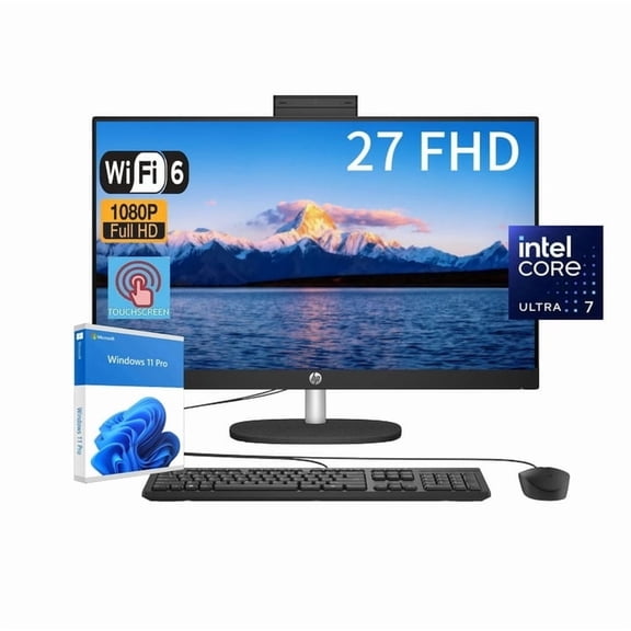 HP All-in-One 27" Touchscreen Desktop PC, Intel Core Ultra 7 255U, 16GB DDR5 RAM , 512GB SSD, WiFi, Webcam, Speakers, Windows 11 Pro