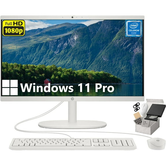 HP All-in-One Desktop Computer, 21.5" FHD Display, 16 GB RAM, 512 GB SSD, Intel Celeron J4025, Webcam, Wi-Fi 6, Bluetooth, Windows 11 Pro