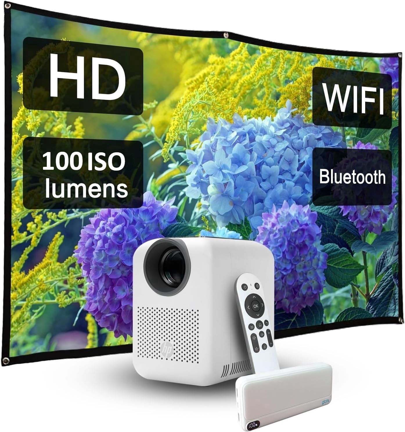 HP CC180W Promo 3in1 Mobile HD Projector - Wireless Projection (iOS/Android), Bluetooth Out, 65W PD Power Bank, HDMI *1, Native HD Resolution, 84" Foldable Screen