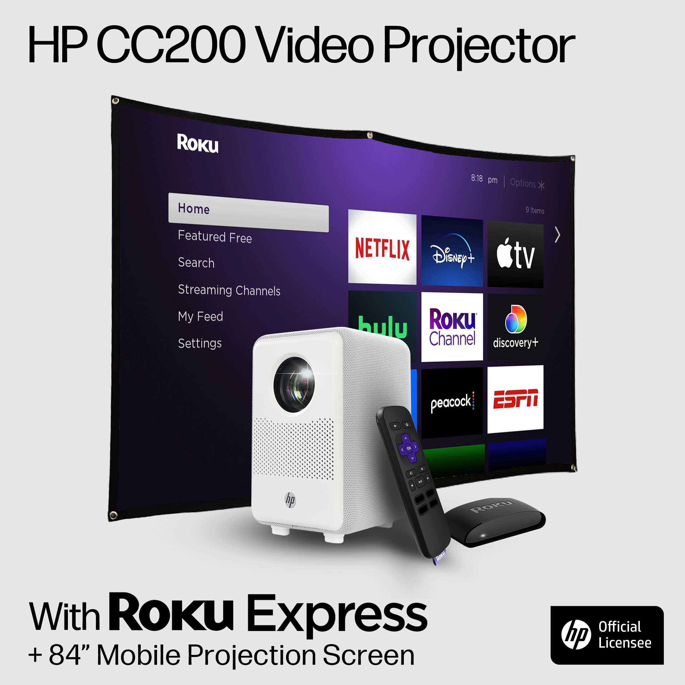 HP CC200 FHD LCD LED Projector with Roku Express Streaming Player and 84" Mobile Projection Screen - image 1 of 16