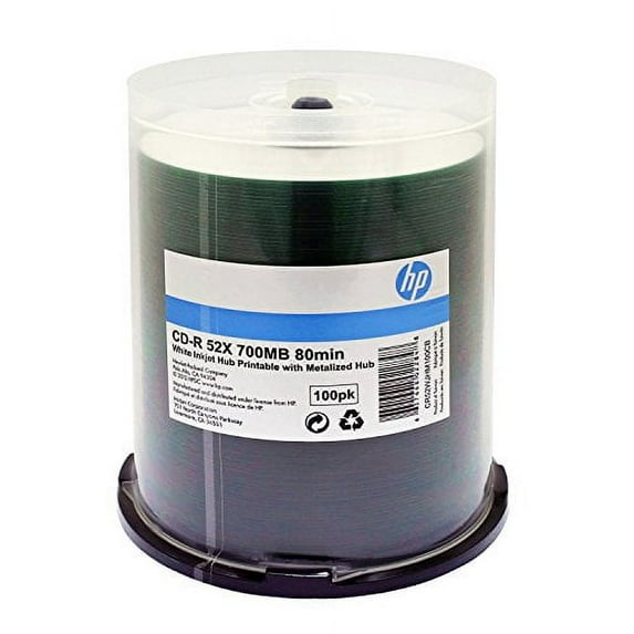 HP CD-R 52X 80 MIN White Inkjet Printable METALIZED HUB 100PK C/B