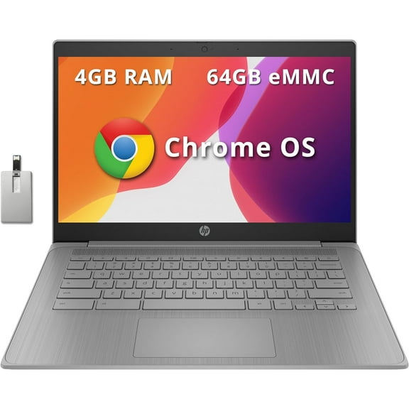 HP Chromebook 14" HD Laptop, Intel Celeron N4120, 4GB LPDDR4, 64GB eMMC, Intel UHD Graphics 600, Webcam, Bluetooth, Wi-Fi, Long Battery Life, Chrome OS, Modern Gray, 128GB Hotface USB Card