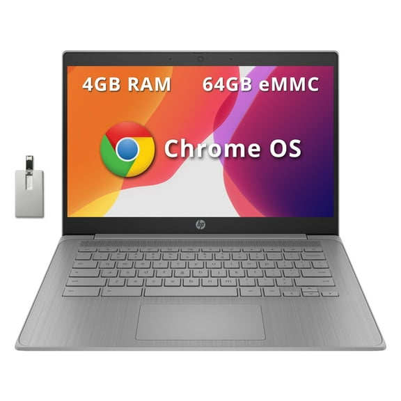 HP Chromebook 14" HD Laptop, Intel Celeron N4120, 4GB LPDDR4, 64GB eMMC, Intel UHD Graphics 600, Webcam, Bluetooth, Wi-Fi, Long Battery Life, Chrome OS, Modern Gray, 128GB Hotface USB Card