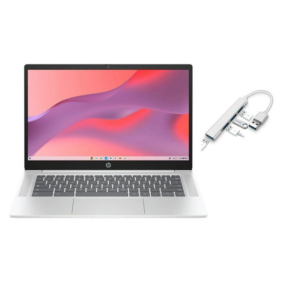HP Chromebook 14 inch HD Anti-Glare Laptop | Intel Processor N200 | Intel UHD Graphics | Bluetooth |Silver| 4GB RAM | 128GB SSD | Chrome OS | Bundle with USB 3.0 Hub