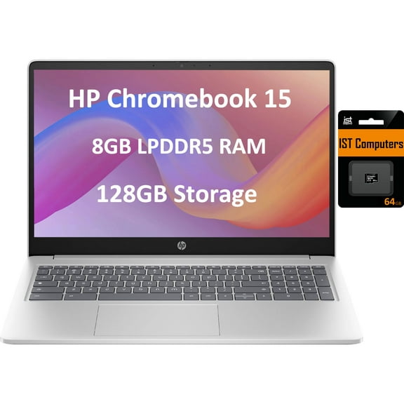 HP Chromebook 15 Laptop (15.6" Narrow-Bezel, Intel N200(> Pentium N6000), DDR5 8GB RAM, 128GB(64GB+64GB) Home & Student, Numeric Keyboard, Long Battery Life, IST SD, Chrome OS, Webcam, WiFi, Silver